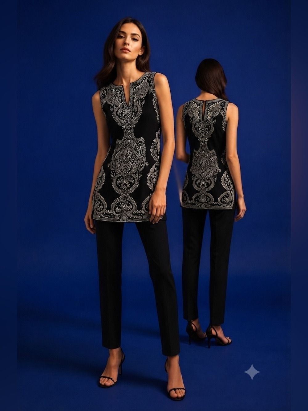 INC International Concepts Women's Bejeweled Paisley Top - Black/White - Size S